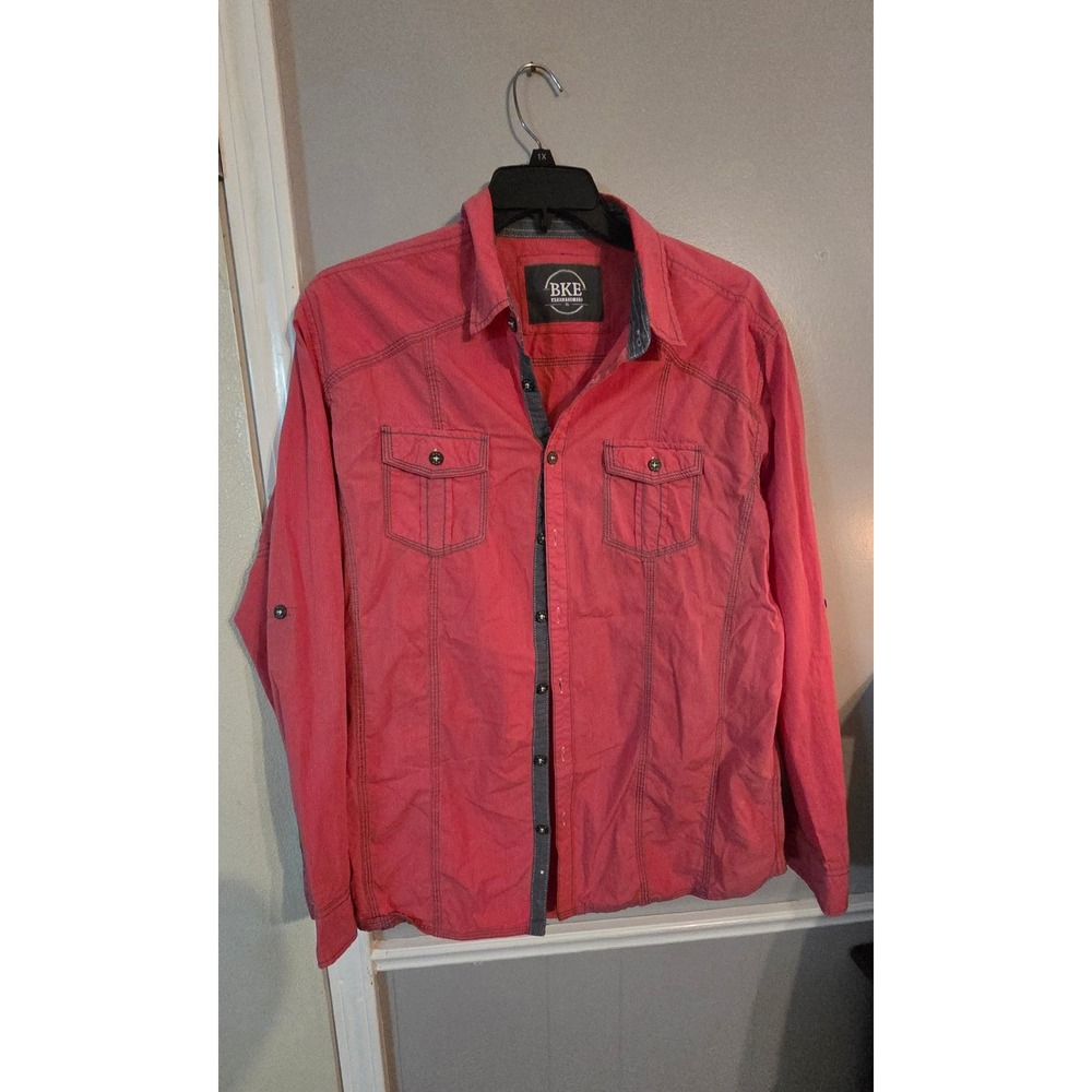 BKE Athletic Fit Mens XL Button Down Shirt Coral Red Roll Tab Sleeve Casual